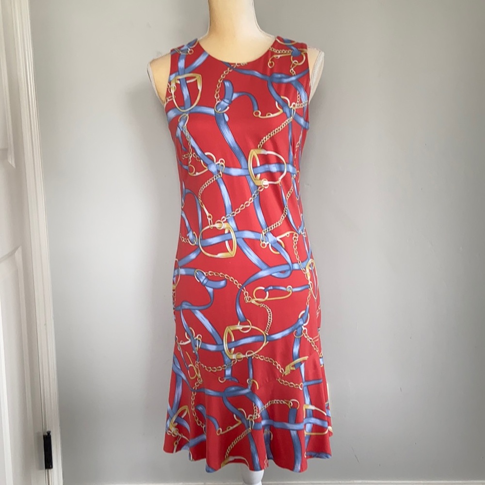 J McLaughlin horse motif sheath dress Kentucky Derby